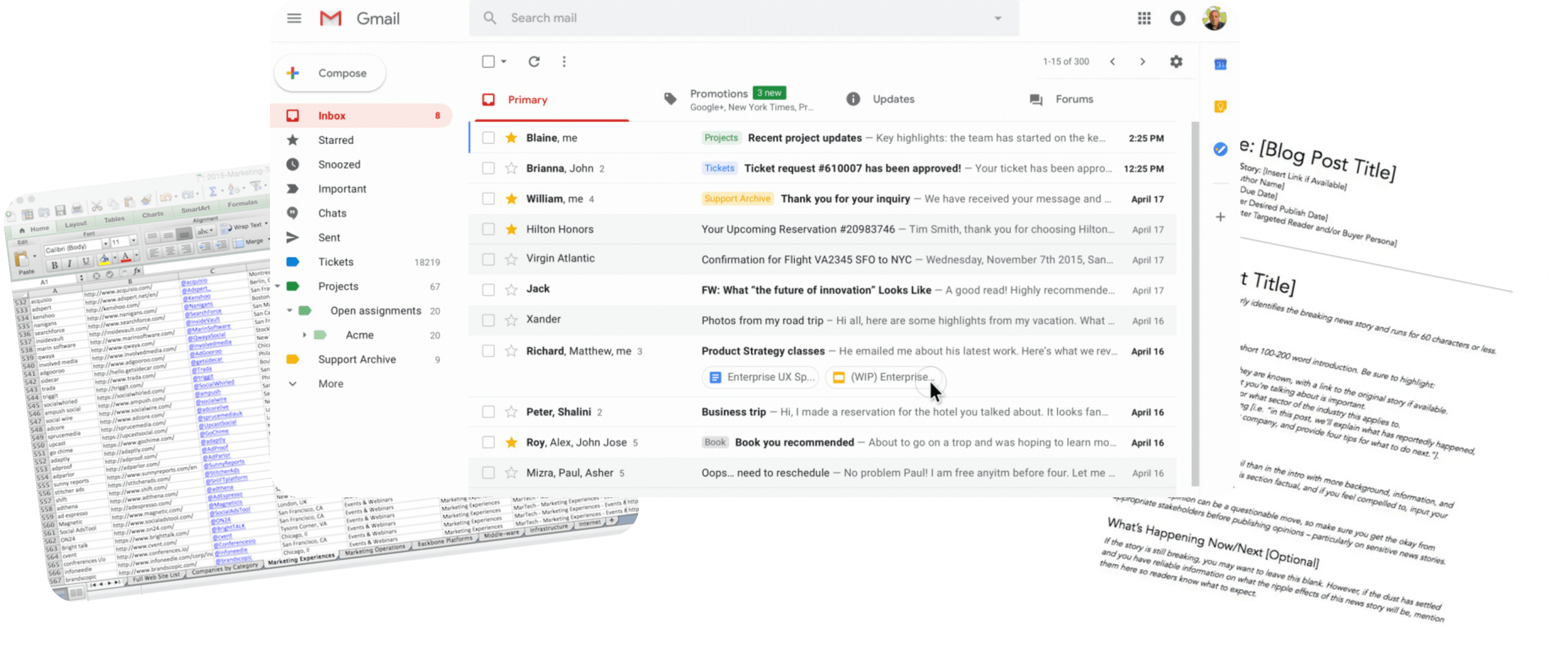 Scattered documents representing manual marketing work